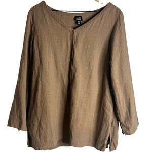 Eileen Fisher Brown Textured Striped Linen Button Top Large Lagen Lagenlook Boho